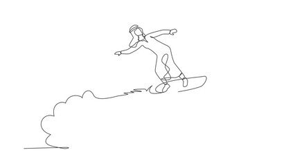 Poster - self drawing animation of single line draw arabian businessman riding surfing board rocket flying in