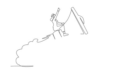 Poster - Self drawing animation of single line draw Arabian businessman riding megaphone rocket flying in sky. Communication, soft skill to communicate with customer. Continuous line draw. Full length animated