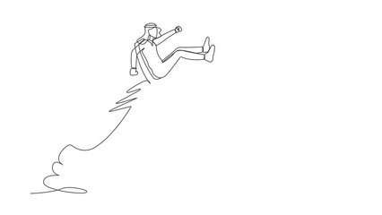 Poster - Animated self drawing of continuous line draw active Arab businessman riding office chair rocket flying in sky. Boost career development, promoted to higher position. Full length one line animation