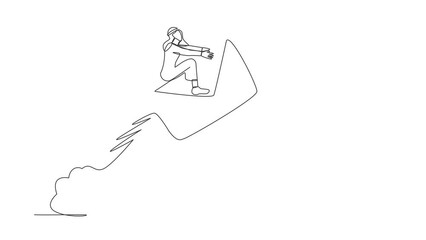 Poster - Animated self drawing of continuous line draw Arabian businessman riding paper envelope rocket flying in sky. Launch project. Social media, news, email, web development. Full length one line animation