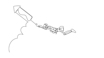 Poster - self drawing animation of single line draw astronaut fly on fireworks rockets while looking at satel