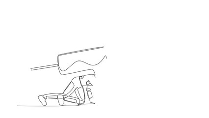 Poster - animated self drawing of continuous line draw young astronaut with rocket on back stand on start rea