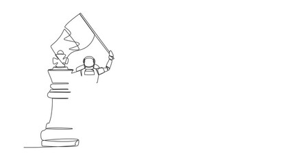 Poster - Self drawing animation of single one line draw astronaut waving flag on king chess piece metaphor of win competition. Future spaceship. Cosmic galaxy space. Continuous line draw. Full length animated