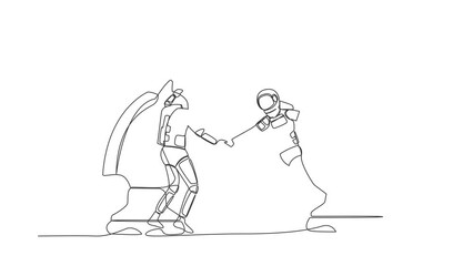 Poster - animated self drawing of continuous line draw of young astronaut competitors standing on horse chess