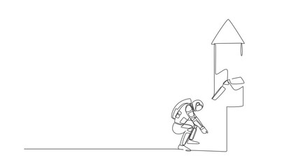 Poster - Animated self drawing of continuous line draw young astronaut ignite firework rocket while his teammates prepare to fly on the rocket. Cosmonaut outer space concept. Full length single line animation