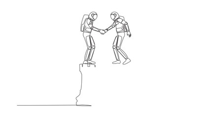 Poster - Self drawing animation of single line draw of astronaut leader shaking hand on rook chess. Collaboration strategy in spaceship industry. Cosmic galaxy space. Continuous line draw. Full length animated