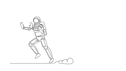 Poster - Animated self drawing of continuous line draw astronaut being chased by clipboard. Hurry in finishing checklist space industry sheets document. Cosmonaut outer space. Full length single line animation