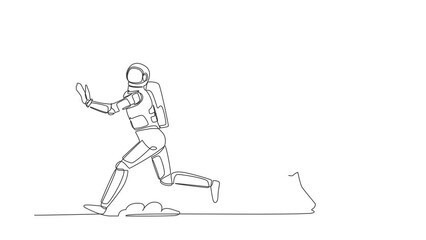 Poster - Self drawing animation of single line draw astronaut being chased by trophy. Confused with spaceship business goals for winning competition. Cosmic galaxy space. Continuous line. Full length animated