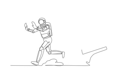 Poster - Animated self drawing of continuous line draw young astronaut being chased by hourglass. Afraid with interstellar expedition deadline, depression. Cosmonaut deep space. Full length one line animation