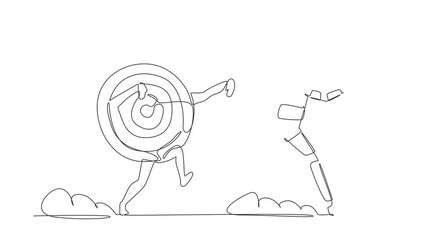 Poster - animated self drawing of continuous line draw scare astronaut being chased by archery bullseye targe