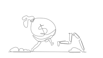Poster - Animated self drawing of continuous line draw astronaut being chased by money bag. Hurry in achieving wealth profit goals in spaceship company. Cosmonaut outer space. Full length single line animation