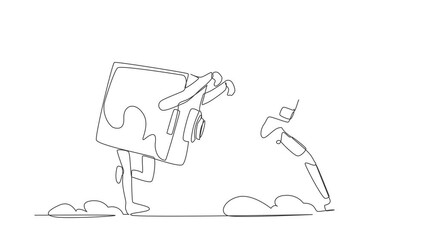 Poster - Animated self drawing of continuous line draw astronaut being chased by safe deposit box in moon surface. Financial secure system, banking protection. Cosmonaut space. Full length one line animation