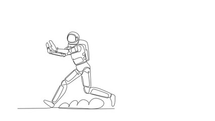 Poster - self drawing animation of single line draw of astronaut being chased by book. smart spaceman manual 