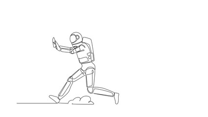 Poster - Animated self drawing of continuous line draw astronaut being chased by light bulb. Afraid with innovation expedition idea. Spaceship tech industry. Cosmonaut space. Full length one line animation