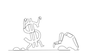Poster - Self drawing animation of continuous line draw astronaut being chased by dollar symbol. Afraid with economic or financial crisis in spaceship company. Cosmonaut space. Full length one line animation