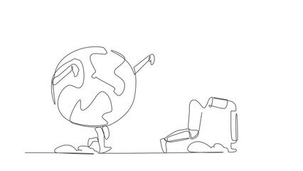 Poster - animated self drawing of continuous line draw astronaut being chased by globe. afraid about climate 