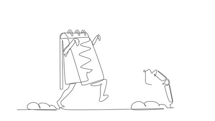 Poster - Animated self drawing of continuous line draw astronaut being chased by calendar. Afraid with spaceship exploration project schedule deadline. Cosmonaut deep space. Full length one line animation