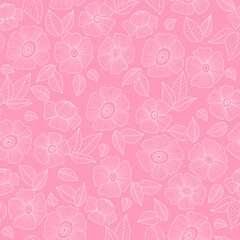 Wall Mural - Retro floral seamless pattern with openwork groovy daisy flower on pink background. Vector Illustration. Aesthetic modern art linear hand drawn for wallpaper, design, textile, packaging, decor.