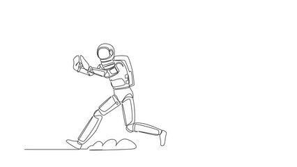 Poster - Animated self drawing of continuous line draw astronaut being chased by wallet. Losing money business profit in spaceship technology industry. Cosmonaut outer space. Full length single line animation