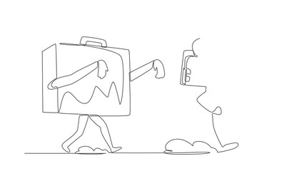 Poster - Animated self drawing of continuous line draw young astronaut being chased by briefcase. Afraid with evaluation of spaceship project performance. Cosmonaut deep space. Full length one line animation