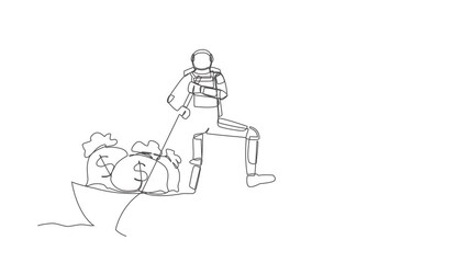 Poster - Self drawing animation of single line draw of astronaut sailing away on boat with money bag. Financial success in spaceship mission. Cosmic galaxy space concept. Continuous line. Full length animated