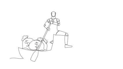 Poster - Animated self drawing of continuous one line draw robot sailing away on boat with stack of money bag. Criminal bring amount of money. Robotic artificial intelligence. Full length single line animation