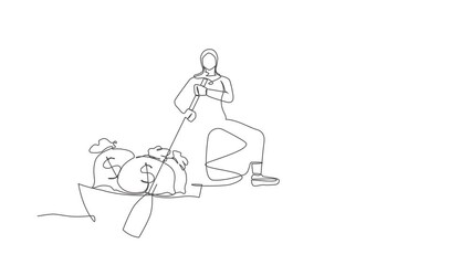 Poster - Animated self drawing of continuous line draw Arab businesswoman standing in boat and sailing with money bag. Financial profit, successful management. Escape with money. Full length one line animation