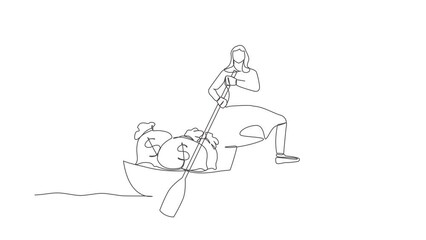 Poster - Self drawing animation of single line draw of businesswoman sailing away on boat with money bag. Worker escape with money. Financial success and profit concept. Continuous line. Full length animated