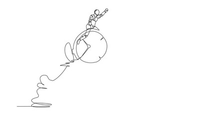 Poster - Animated self drawing of single one line draw robot riding alarm clock rocket flying in sky. Manage to finish project with deadline. Artificial intelligence. Continuous line draw. Full length animated