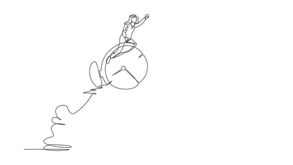 Poster - Animated self drawing of single continuous line draw Arab businessman riding alarm clock rocket flying in sky. Time management, manage to finish project with deadline. Full length one line animation