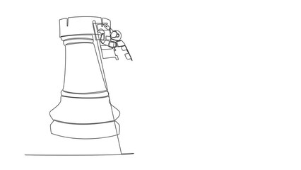 Poster - Self drawing animation of single line draw astronaut climbing rook chess piece with ladder. Stages of success in preparing for exploration. Cosmic space. Continuous line draw. Full length animated