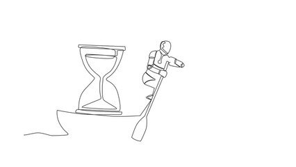 Poster - Animated self drawing of continuous line draw robot sailing away on boat with hourglass. Business deadline in factory project. Future technology development process. Full length one line animation