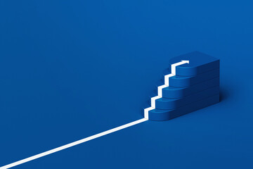 Wall Mural - White arrow following the stair of growth on blue background, white arrow climbing up over staircase, 3d stairs with arrow going upward, 3d rendering