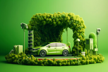 Wall Mural - Electric Car Charging isolated green background - Generative AI