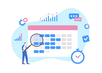  - Streamline project management with roadmap calendar concept. Plan and organize business development using calendar with categorized work areas, accompanied by clock and discussion icons