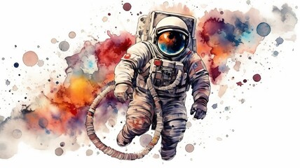 Wall Mural - astronaut and universe planets watercolor white background Generative AI