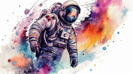 Wall Mural - astronaut and universe planets watercolor white background Generative AI