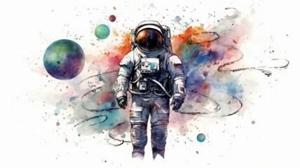 Wall Mural - astronaut and universe planets watercolor white background Generative AI