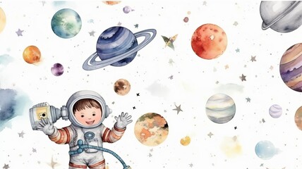 Wall Mural - astronaut and universe planets watercolor white background Generative AI