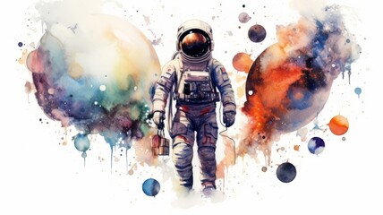 Wall Mural - astronaut and universe planets watercolor white background Generative AI