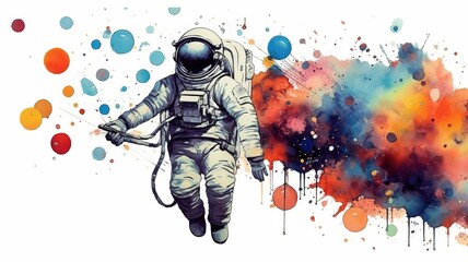 Wall Mural - astronaut and universe planets watercolor white background Generative AI