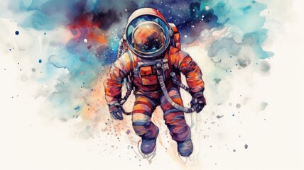 Wall Mural - astronaut and universe planets watercolor white background Generative AI