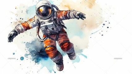 Wall Mural - astronaut and universe planets watercolor white background Generative AI
