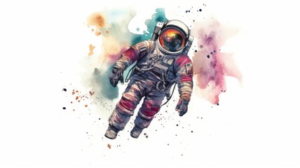 Wall Mural - astronaut and universe planets watercolor white background Generative AI