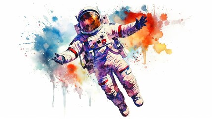 Wall Mural - astronaut and universe planets watercolor white background Generative AI