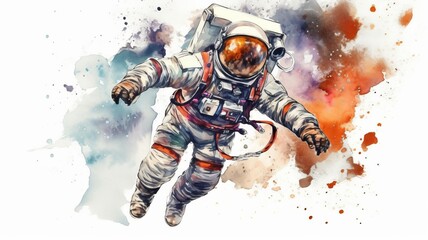 Wall Mural - astronaut and universe planets watercolor white background Generative AI