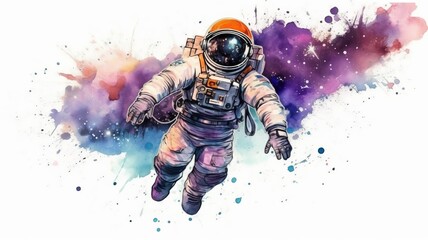 Wall Mural - astronaut and universe planets watercolor white background Generative AI
