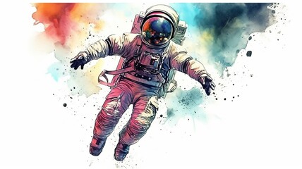 Wall Mural - astronaut and universe planets watercolor white background Generative AI