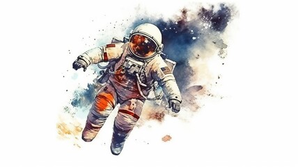 Wall Mural - astronaut and universe planets watercolor white background Generative AI