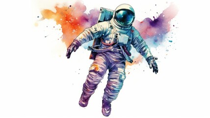 Wall Mural - astronaut and universe planets watercolor white background Generative AI